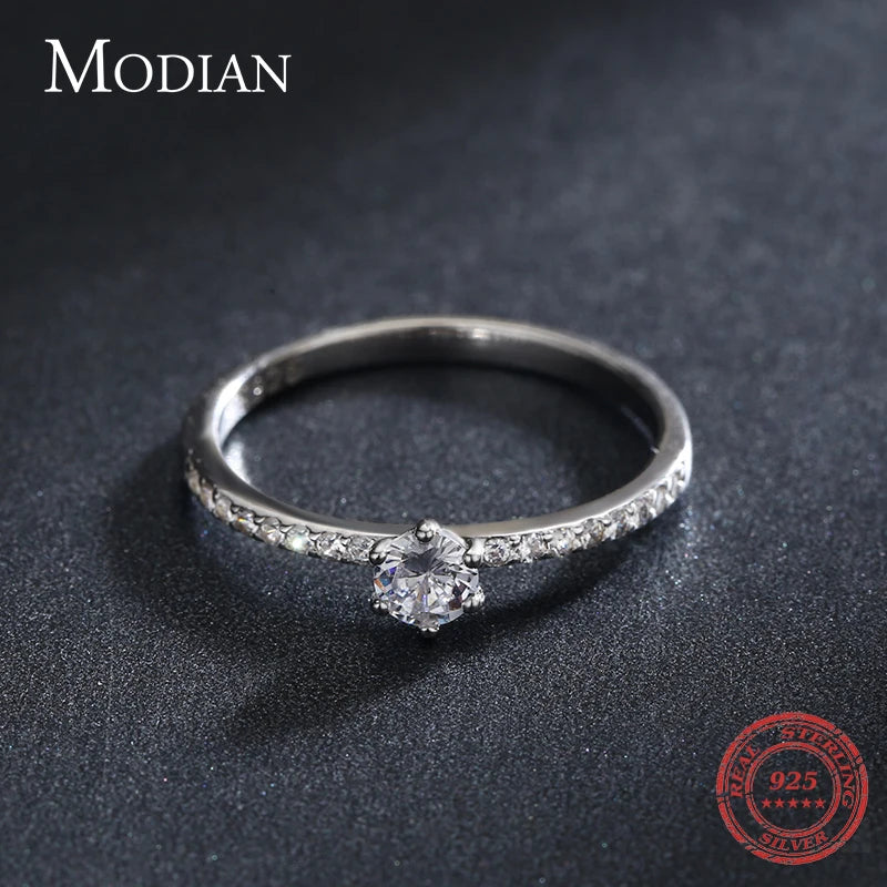 Modian Bagues Rondes Simples en Argent 925 Massif avec CZ Clair pour Femmes et Filles