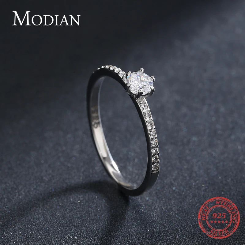 Modian Bagues Rondes Simples en Argent 925 Massif avec CZ Clair pour Femmes et Filles