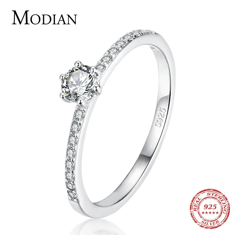 Modian Bagues Rondes Simples en Argent 925 Massif avec CZ Clair pour Femmes et Filles